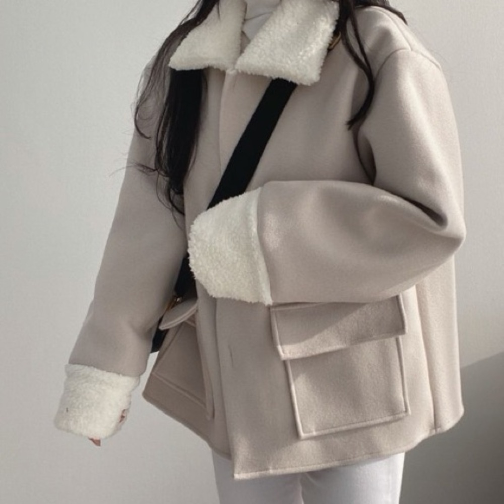 Beige Sherpa Trim Lightweight Korean Cozy Overshirt Jacket - Picture 10 of 12
